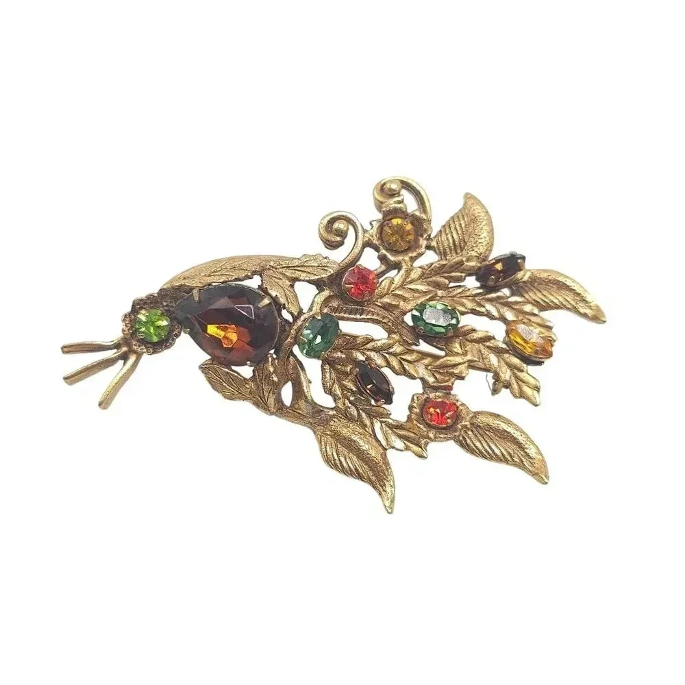 Vintage Gold Tone Floral Brooch With Multicolor Rhinestones Heavy 1960s